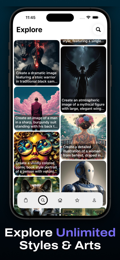 AI Art Generator-Image Creator - Pantalla de exploración de la aplicación Generador de Arte IA con una galería de diversos estilos de arte digital