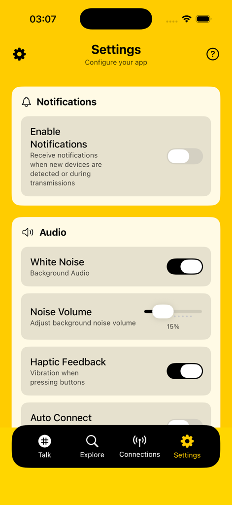 Talky - Walkie Talkie, Radio - The settings screen of the Talky walkie talkie app showing configuration options for notifications and audio including white noise and haptic feedback.