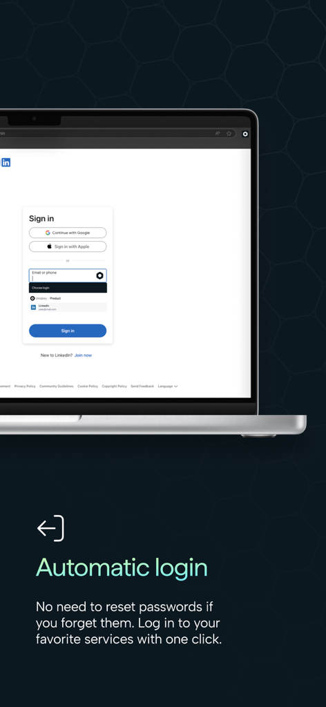 Uniqkey - A laptop screen showing the Uniqkey password manager automatic login feature on a LinkedIn sign-in page