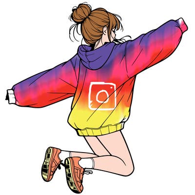 realistic girl jumping with a bun and oversized sweatshirt