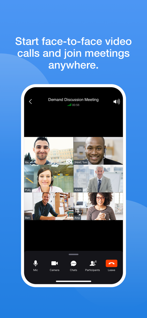 Grandstream Wave - Screenshot of Grandstream Wave mobile app showing a group video conference meeting with six participants and communication controls