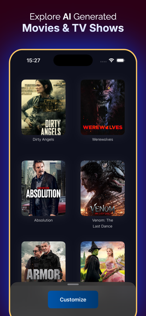 A mobile app interface displaying a grid of movie posters including Dirty Angels and Venom for AI generated discovery.