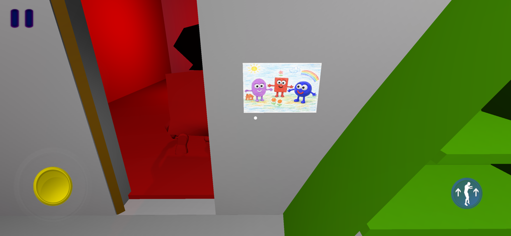 A drawing of three smiling shape characters on a grey wall inside a dark house.