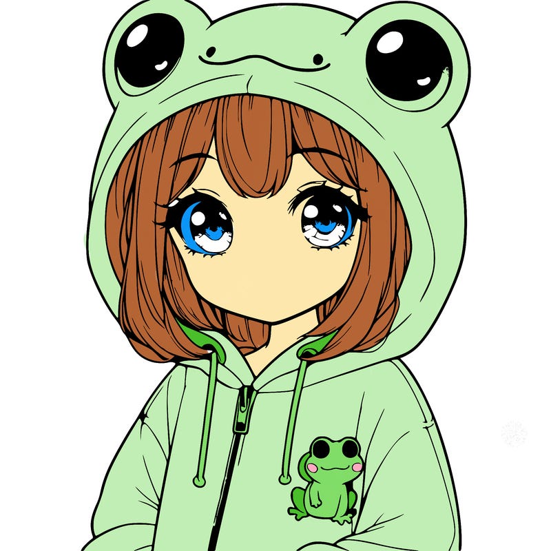 cute realistic girl in a froggy hoodie
