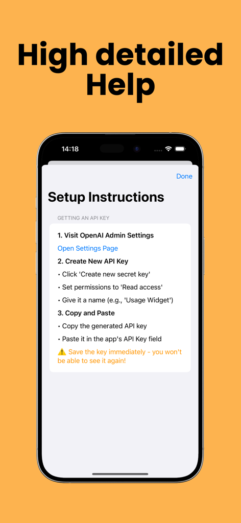 LLM API Costs Widget - Step-by-step setup instructions screen showing how to link an OpenAI API key to the LLM API Costs Widget app.