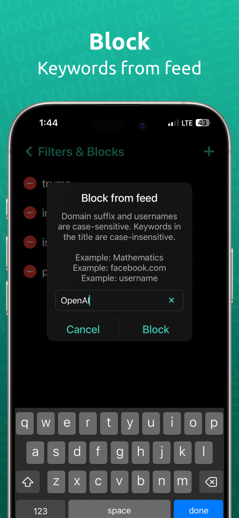HACK for Hacker News YC Reader - Interfaz de la aplicación HACK que muestra la función de bloqueo de palabras clave para el feed de noticias.