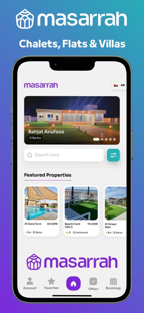 Masarrah: Oman Chalets & Flats - Masarrah app home screen showing featured chalets and flats for rent in Oman