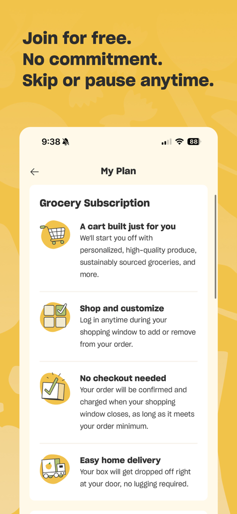 Misfits Market Grocery App - Ein Screenshot der Misfits Market App, der Abonnementfunktionen für Lebensmittel im Detail beschreibt, einschließlich personalisierter Warenkörbe und Lieferung nach Hause.