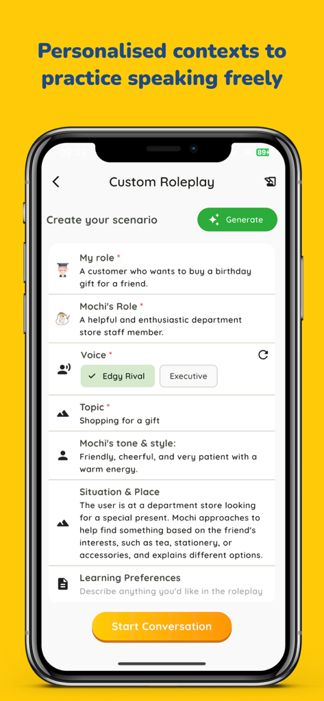 MochiKaiwa - Speak Japanese - Custom Japanese conversation roleplay setup screen in MochiKaiwa