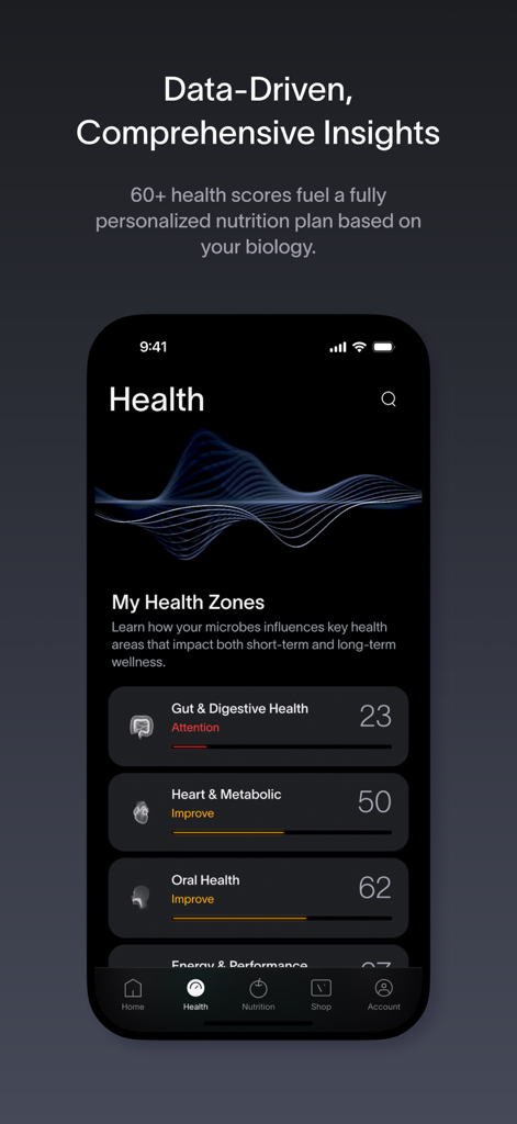 Viome - Viome app dashboard displaying personalized health scores for gut heart and oral health