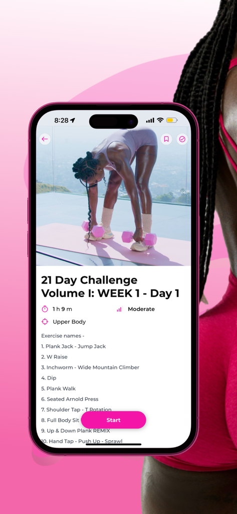 Babe Fitness by Brittne - Babe Fitness app screen showing a 21 day upper body challenge workout list with a start button