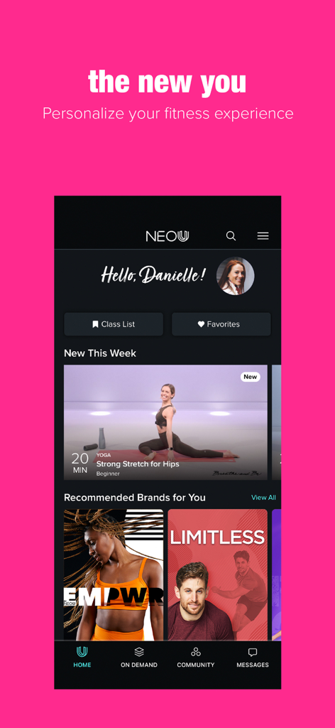 Personalized home screen of the NEOU fitness app showing recommended workouts and trainers for a user named Danielle