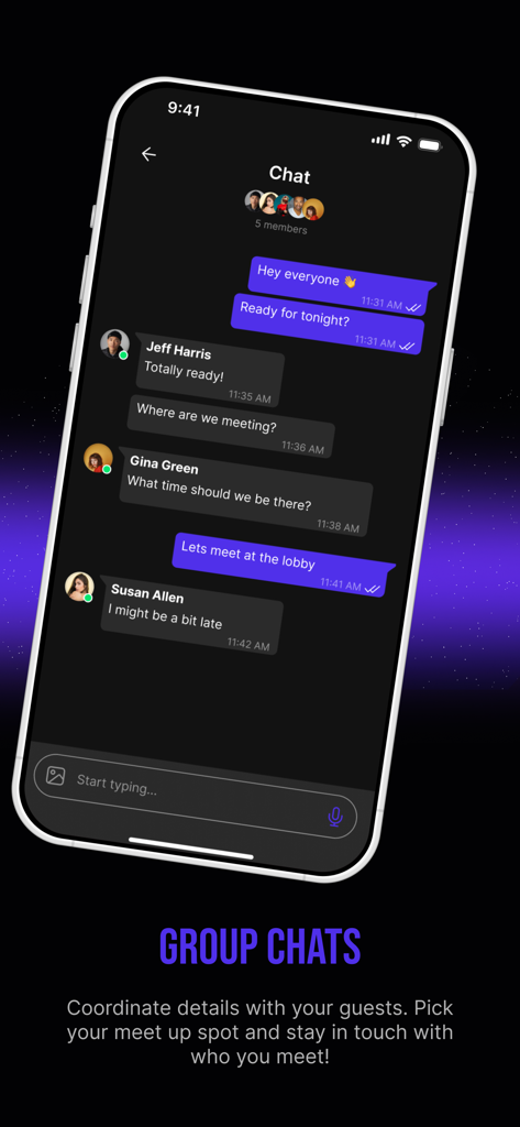 ZONA: Unlock Miami Nightlife - ZONAアプリのグループチャットインターフェース、マイアミでのナイトライフプランの調整用