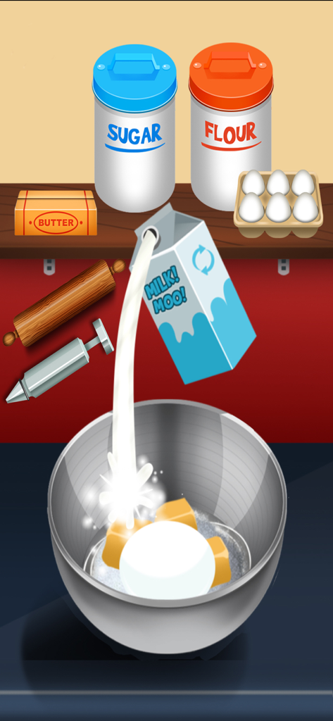 A digital kitchen scene showing milk being poured into a mixing bowl with ingredients to bake donuts