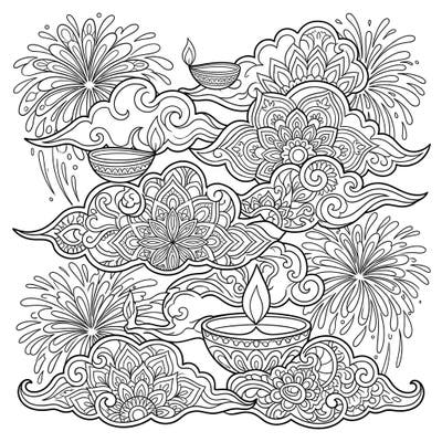 Float into a festive world with this stunning Diwali-themed coloring page, where elegant cirrus clouds are transformed into a canvas of celebration. Discover intricate designs featuring traditional diyas, mesmerizing mandalas, and sparkling fireworks, ready for your creative touch.