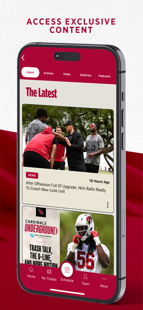 Arizona Cardinals Mobile - Arizona Cardinals Mobile app screen showing the latest news and exclusive content