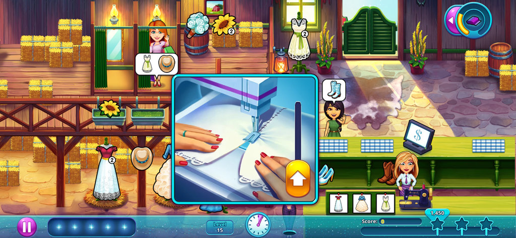 Fabulous - Wedding Disaster - Um minijogo de máquina de costura sendo jogado em uma butique de casamento rústica