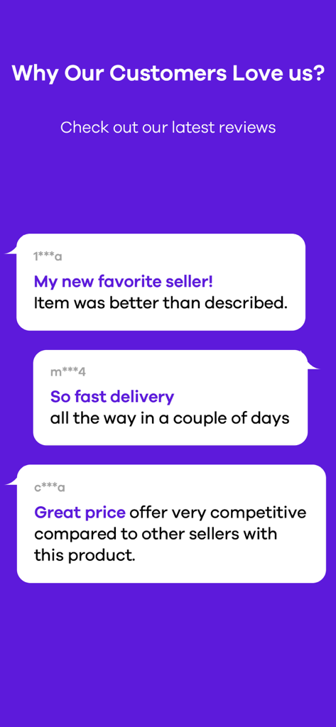 Trenbe app customer reviews highlighting positive feedback on product quality, fast delivery, and competitive pricing.