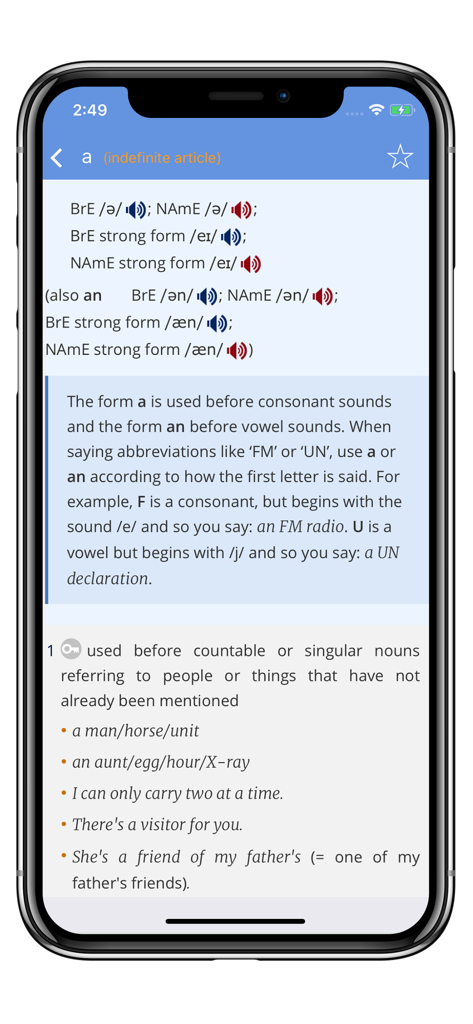 3000 Words English - English vocabulary definition screen for the word a showing grammar rules and pronunciation