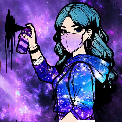 realistic girl with mask spray painting a wall