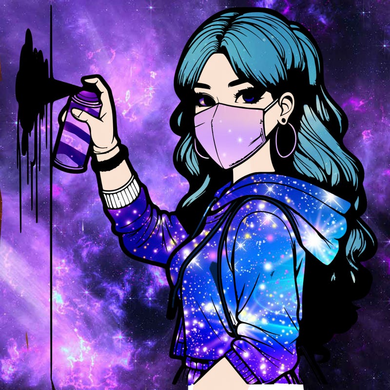 realistic girl with mask spray painting a wall