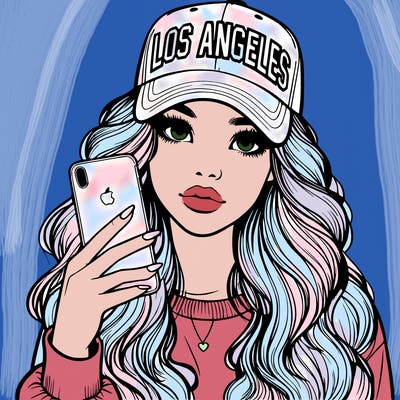 realistic beautiful girl wearing los ángeles cap holding an iphone