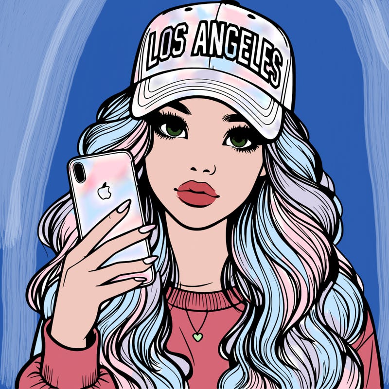 realistic beautiful girl wearing los ángeles cap holding an iphone