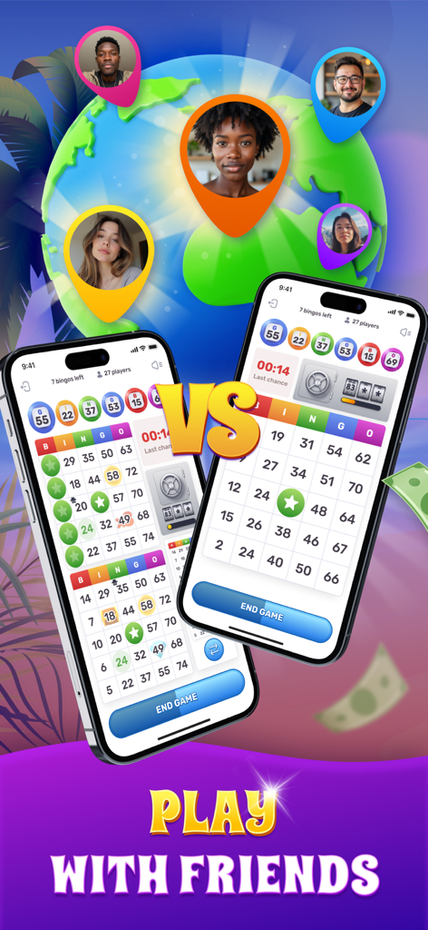 Bingo Lotto－Lucky Lottery Card - Two iPhones showing the Bingo Lotto game interface with a play with friends text and global player icons