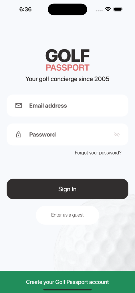 Login screen of the Golf Passport app featuring email and password fields with a sign in button