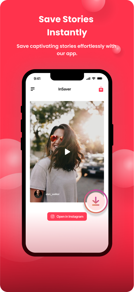 InSaver - Reel & Story Saver - InSaver app mobile interface for saving Instagram stories and reels