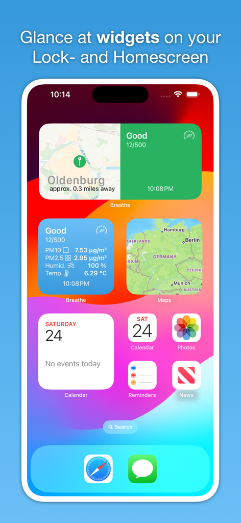 Breathe - Air Quality Monitor - iPhone home screen displaying air quality monitoring widgets from the Breathe app.