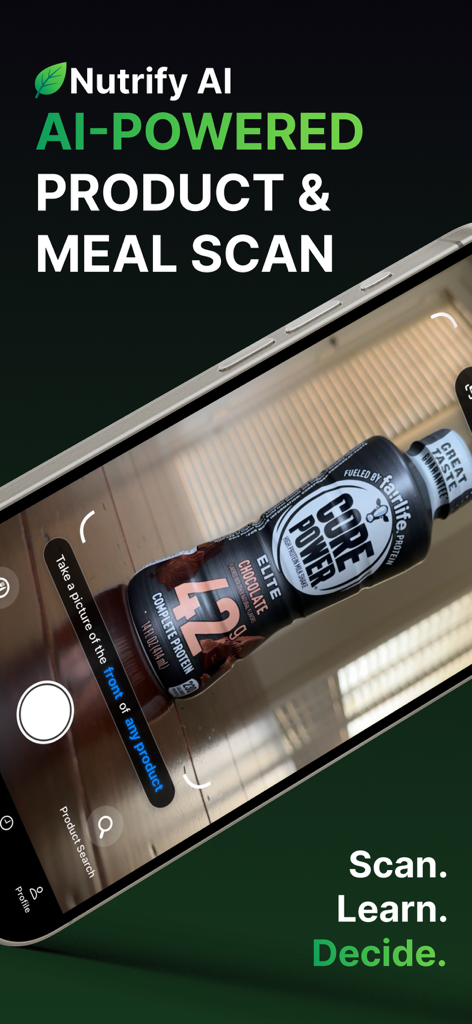 Nutrify AI - Scan Any Product - A smartphone using the Nutrify AI app to scan a protein drink bottle for health insights