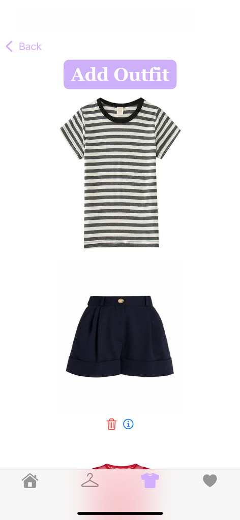 DigitalDresser - A mobile app interface showing a striped t-shirt paired with navy shorts under an Add Outfit button for digital wardrobe organization.
