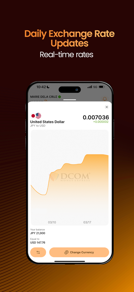DCOM Money Express - Mobile app interface showing daily exchange rate updates and currency chart for Japanese Yen to US Dollars.