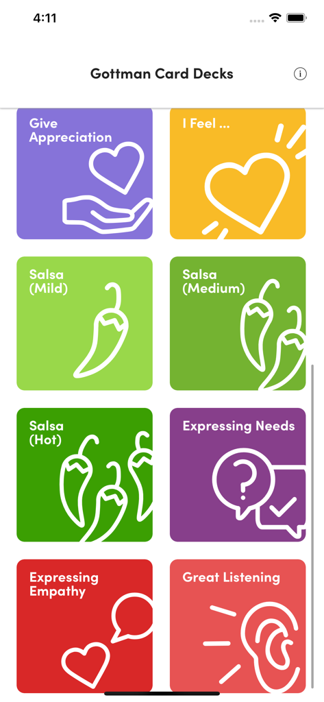 Gottman Card Decks app home screen showing various relationship communication category tiles.