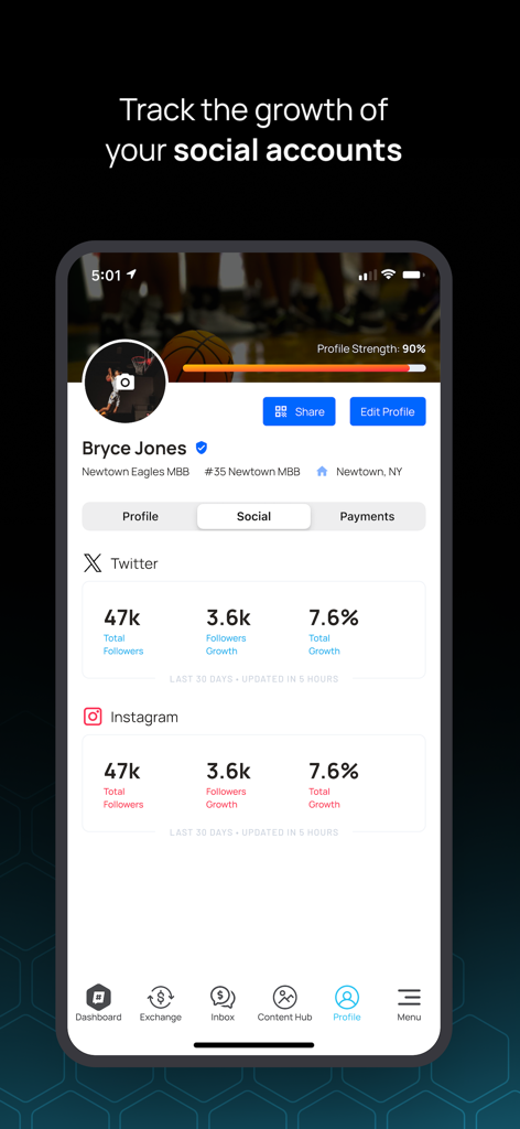 Mobile app interface of Teamworks Influencer showing social media growth metrics for an athlete