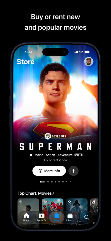 Apple TV - Apple TV app store interface on iPhone featuring the Superman movie available to buy or rent.