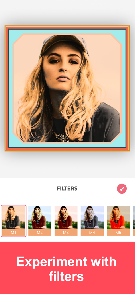 Interface de l'application Créateur de mises en page de collages photo montrant diverses options de filtres appliquées à un portrait
