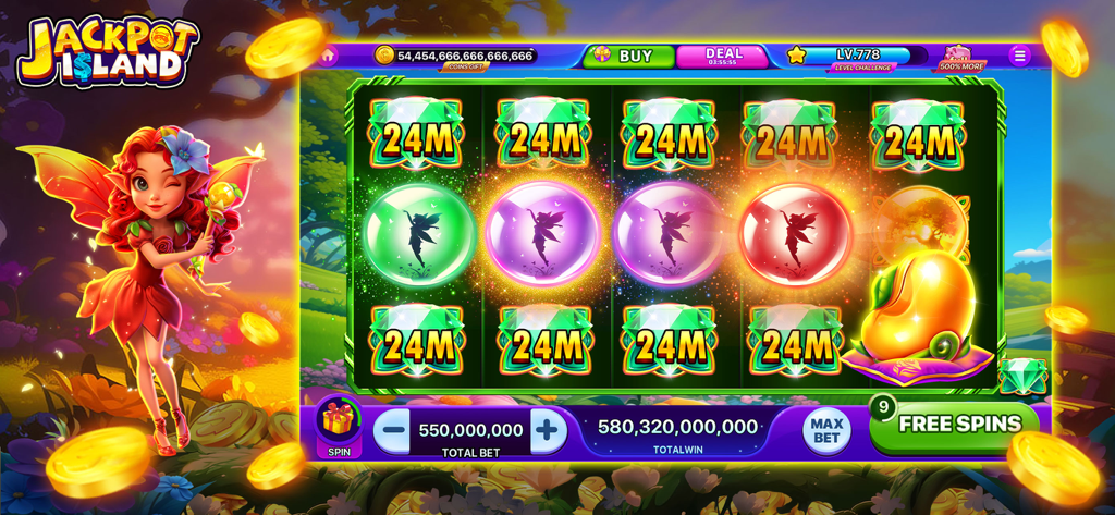 Jackpot Island - Slot Machines - Jackpot Island slot machine game screen featuring a red haired fairy and large coin wins