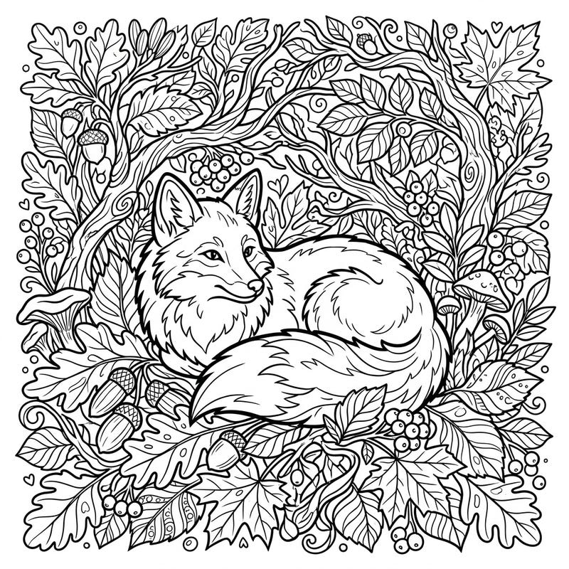 Discover a captivating autumn scene featuring a contented fox nestled among a rich tapestry of fall foliage. This intricate design invites you to explore the cozy, musky essence of the season with your favorite colors.