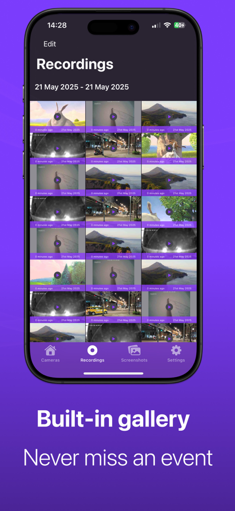 IP Camera Viewer - Cam Hero - iPhone screen showing the Cam Hero app recordings gallery with a grid of security camera video thumbnails
