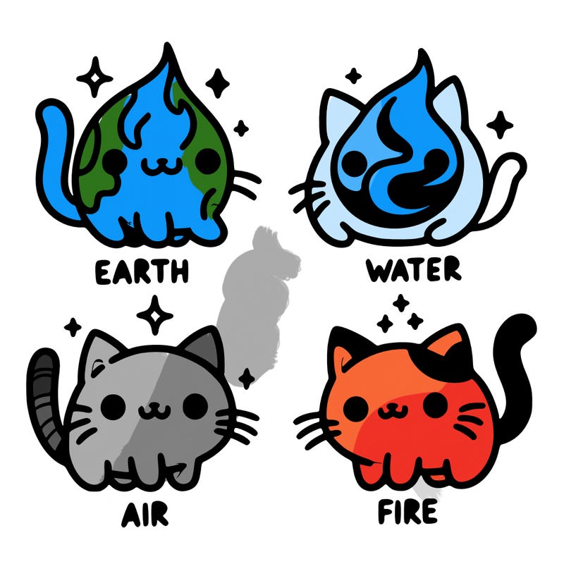 4 cats that represent the different elements, earth, water, air, and fire