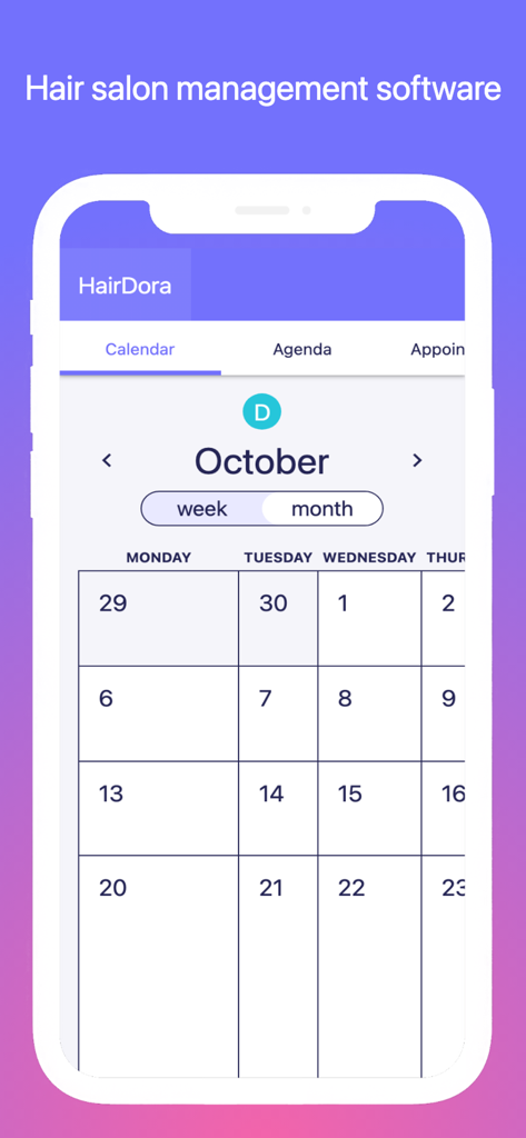 Hair Salon Management - Vista de calendario mensual en el software de gestión de salones de peluquería HairDora.