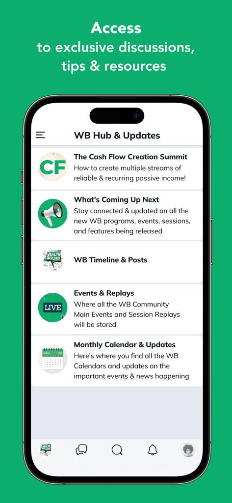 Pantalla principal de la aplicación Comunidad WealthBuilders que muestra cumbres de flujo de efectivo y calendarios mensuales