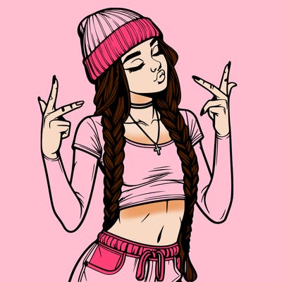 realistic teenage girl with braids and a beanie and crop top doing 🫶🏼