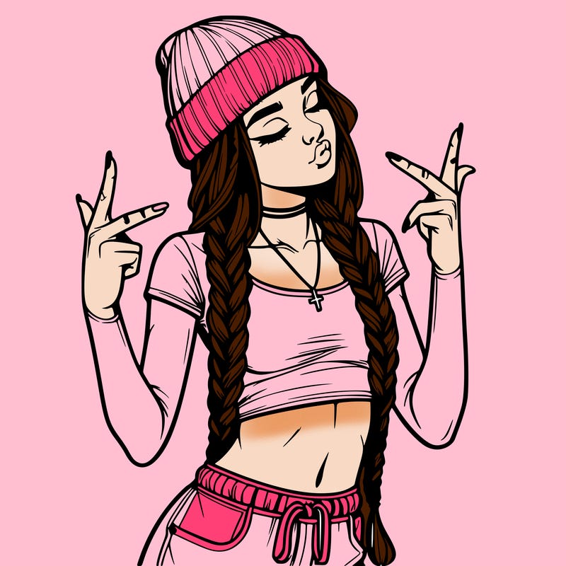 realistic teenage girl with braids and a beanie and crop top doing 🫶🏼