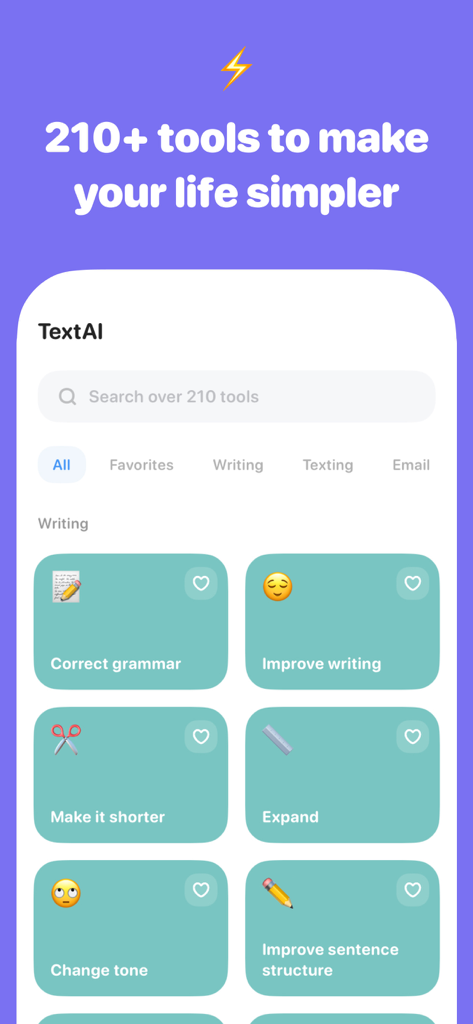 TextAI - AI Texting Assistant - TextAI mobile app interface showing writing tools for grammar correction and tone adjustment