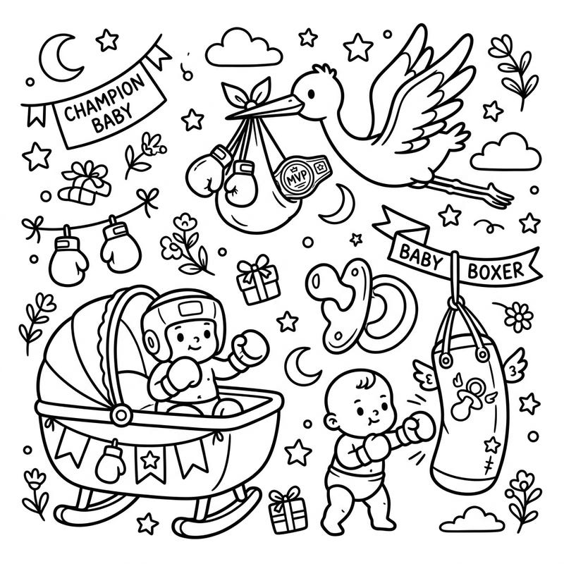 Get ready for a super cute knockout with this unique baby boxer coloring page, perfect for celebrating a future champion! Discover adorable scenes of little fighters surrounded by festive baby shower elements, offering joy for all ages.