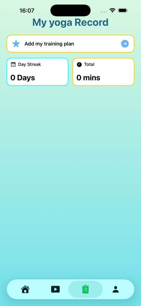 Azarr - Mobile app interface showing yoga practice tracking statistics including day streak and total minutes