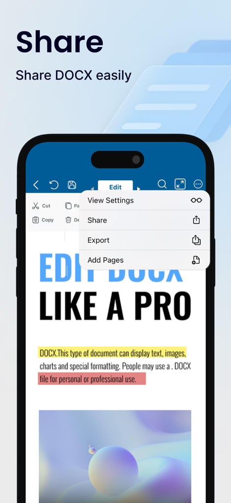 Interface mostrando os recursos de compartilhamento e exportação para arquivos DOCX no aplicativo móvel Word Editor.